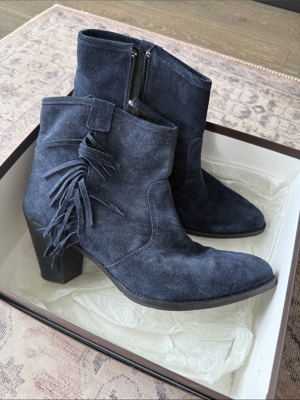 Suede Fringe Ankle Boots in Navy